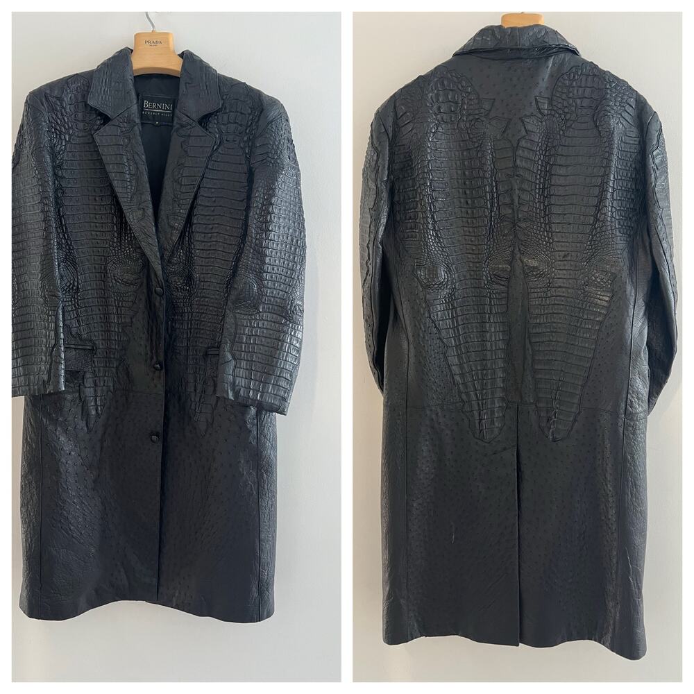 Vintage Bernini Beverly Hills Genuine Ostrich Crocodile Leather Trench Coat Med